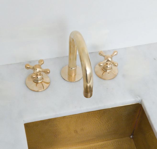 brass faucet - Unlacquered Solid Brass Vintage Bathroom Fixture, Deck-Mount 3 Hole Sink Vanity Faucet