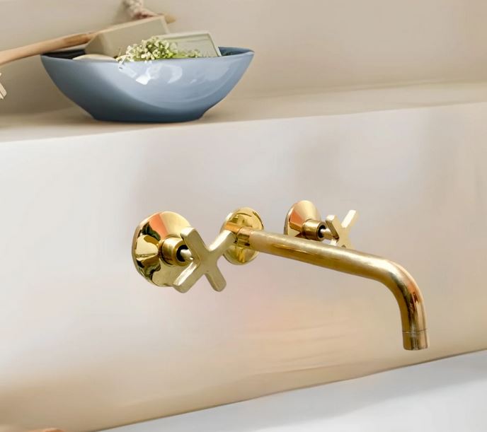 Unlacquered Brass Wall Mount Built In Bathroom Vanity Sink Faucet, Tub Filler, Bathroom Solid Brass Faucet Wall Mount