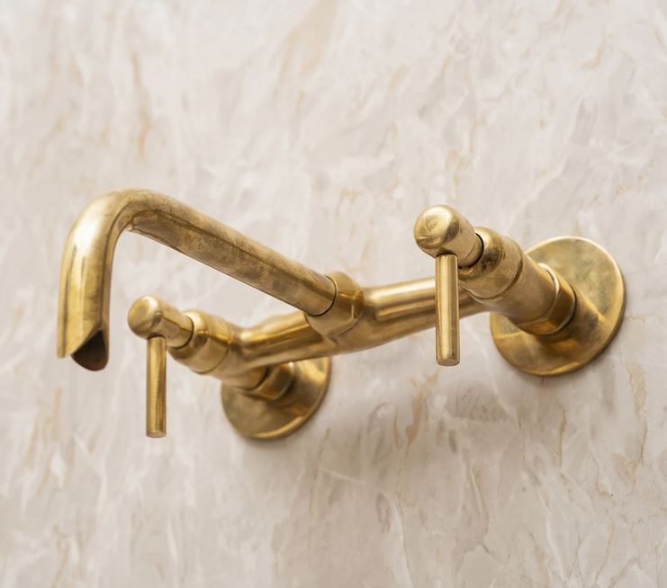 Unlacquered Brass Wall Mount Built In Bathroom Vanity Sink Faucet With lever Handles