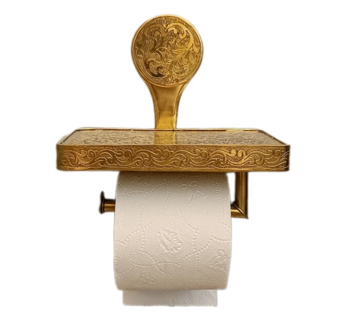 Solid Brass Toilet Paper Holder and Shelf, Handcrafted Powder Room Roll Holder