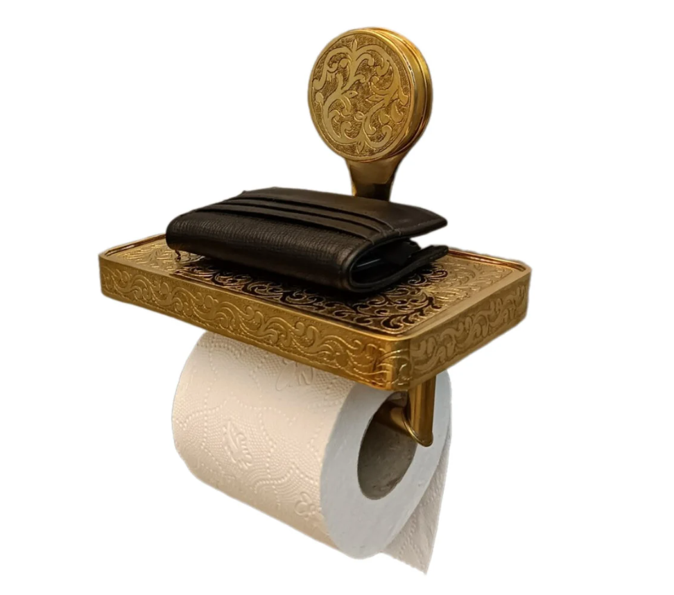 Solid Brass Toilet Paper Holder and Shelf, Handcrafted Powder Room Roll Holder