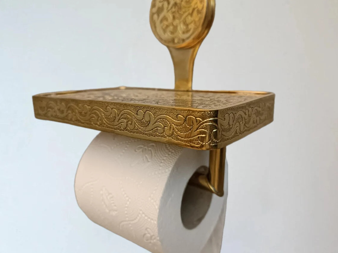 Solid Brass Toilet Paper Holder and Shelf, Handcrafted Powder Room Roll Holder