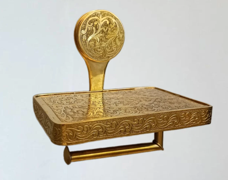 Solid Brass Toilet Paper Holder and Shelf, Handcrafted Powder Room Roll Holder