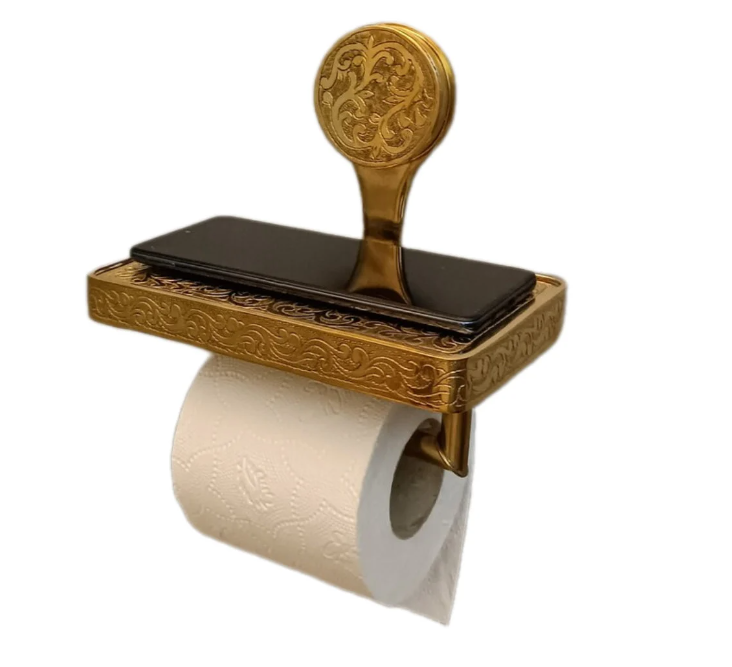 Solid Brass Toilet Paper Holder and Shelf, Handcrafted Powder Room Roll Holder