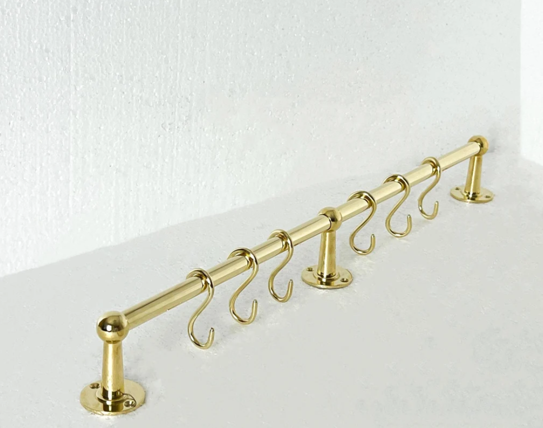 Brass Pot Rail With Hooks, Unlacquered Brass Kitchen Pot Rack, Pot Hangers