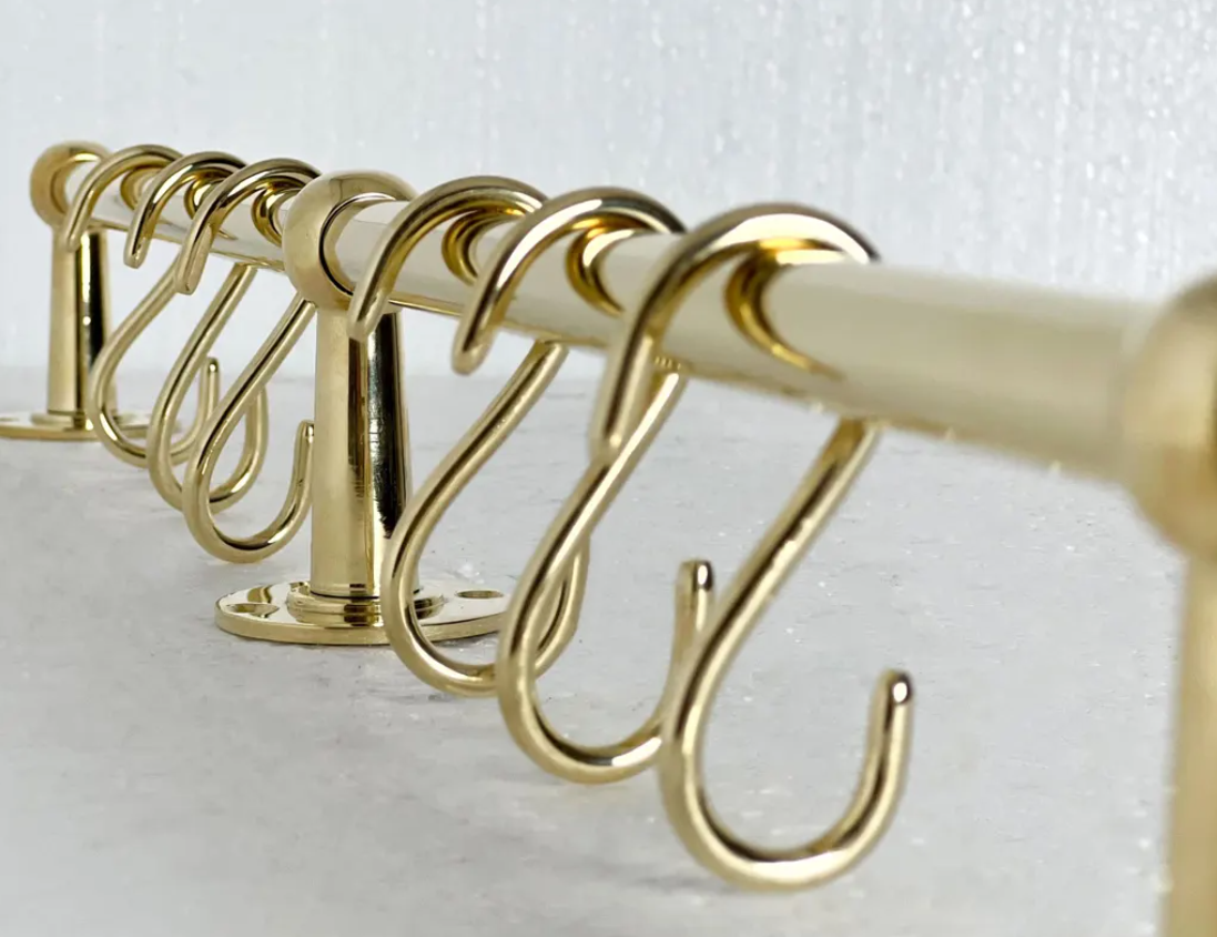 Brass Pot Rail With Hooks, Unlacquered Brass Kitchen Pot Rack, Pot Hangers