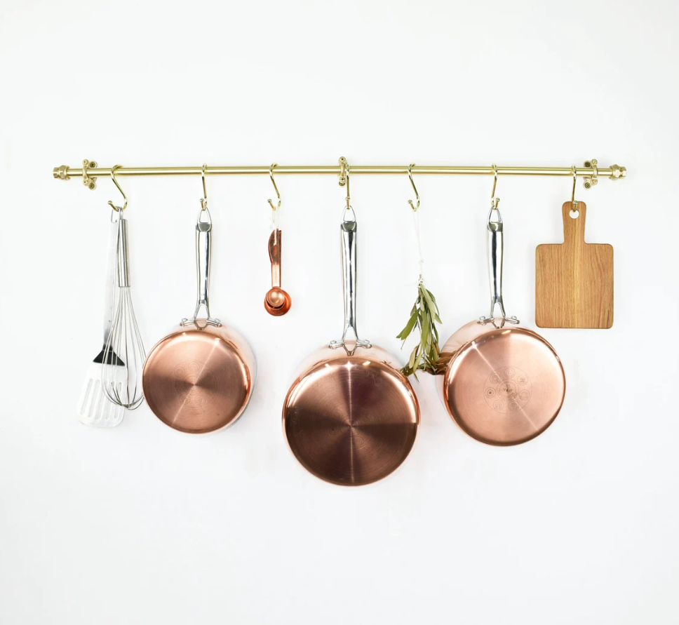 Brass Pot Rail With Hooks, Unlacquered Brass Kitchen Pot Rack, Pot Hangers