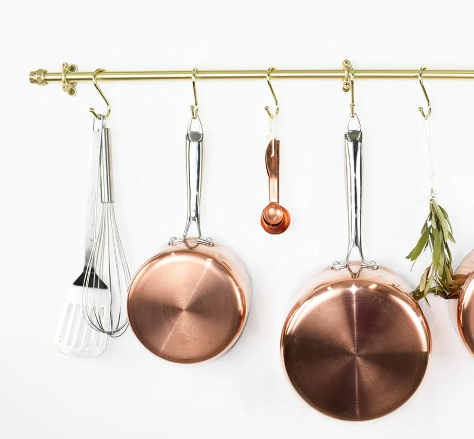 Brass Pot Rail With Hooks, Unlacquered Brass Kitchen Pot Rack, Pot Hangers