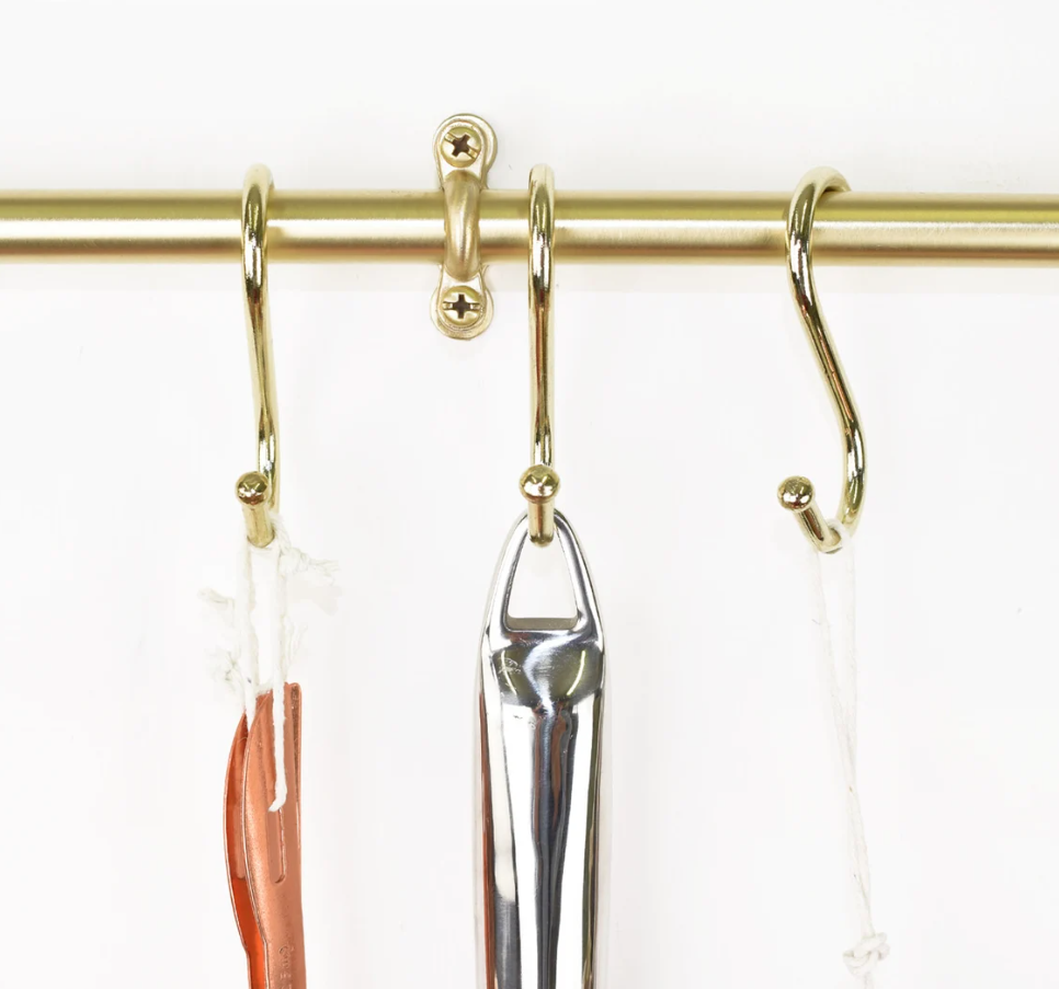 Brass Pot Rail With Hooks, Unlacquered Brass Kitchen Pot Rack, Pot Hangers