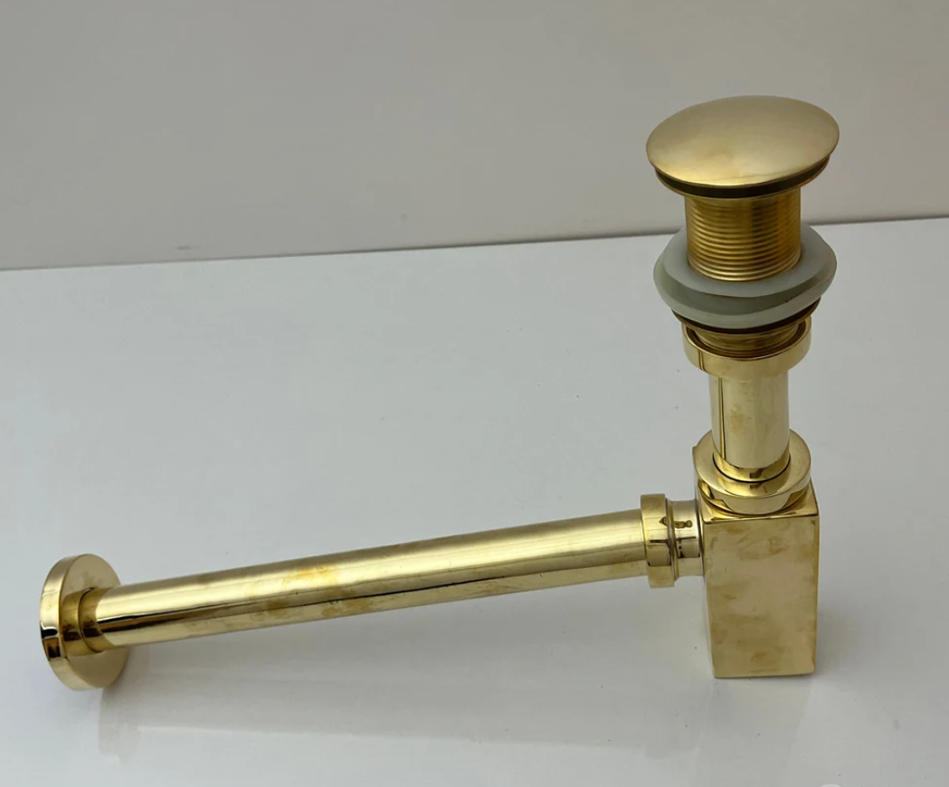 Solid Unlacquered Brass P-trap and Sink Stopper, Push Up Button, Pop Up Drain, Brass Water Trap