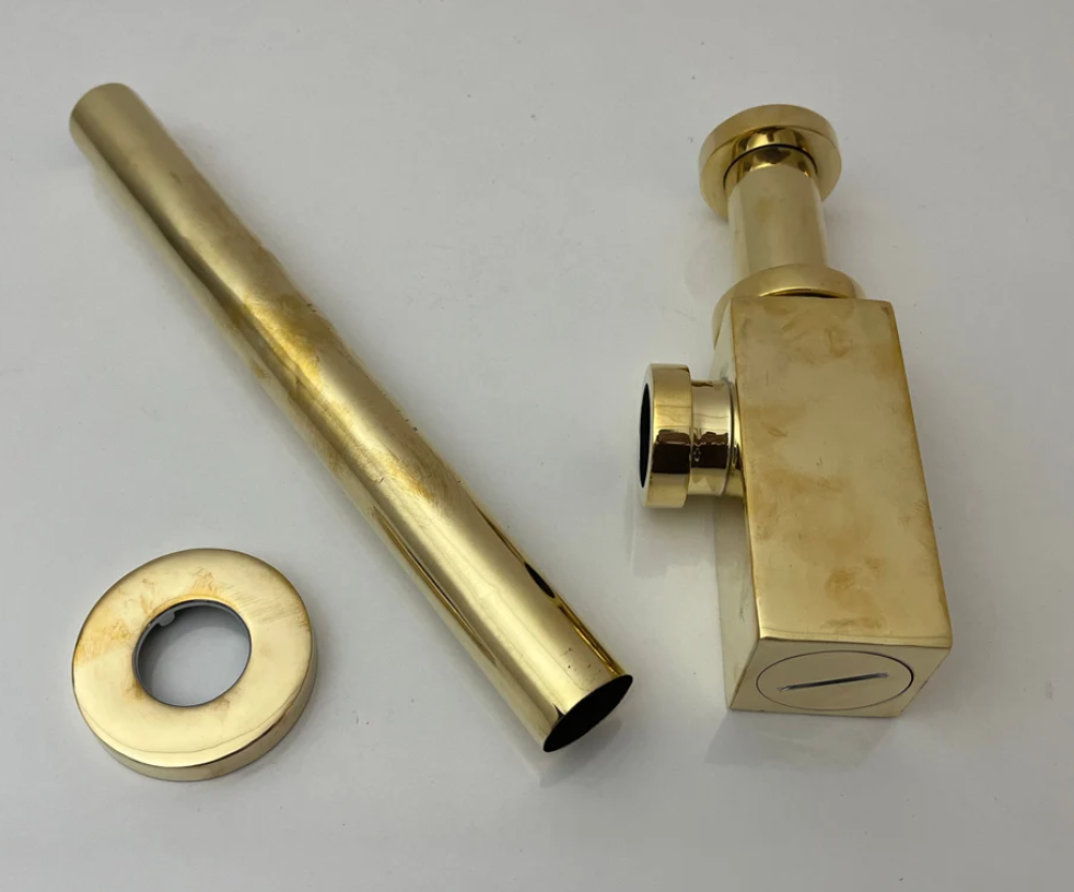 Solid Unlacquered Brass P-trap and Sink Stopper, Push Up Button, Pop Up Drain, Brass Water Trap