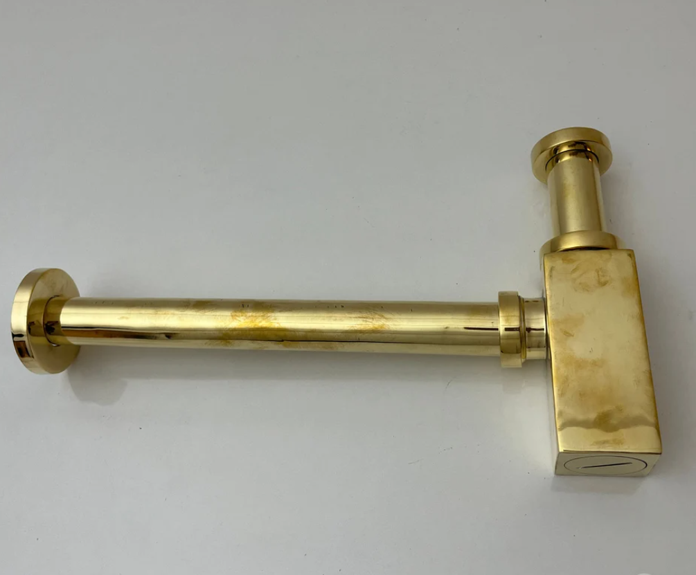 Solid Unlacquered Brass P-trap and Sink Stopper, Push Up Button, Pop Up Drain, Brass Water Trap