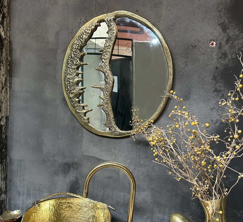 Solid Brass Round Wall Mirror , Round Brass Bathroom Mirror