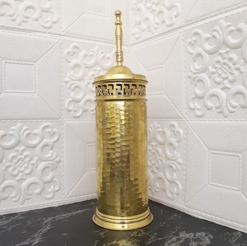 Moroccan Toilet Brush Holder Freestanding 100% handcrafted, Antique Brass Toilet Bowl Brush and Plunger Holder, Pure Brass Toilet Brush