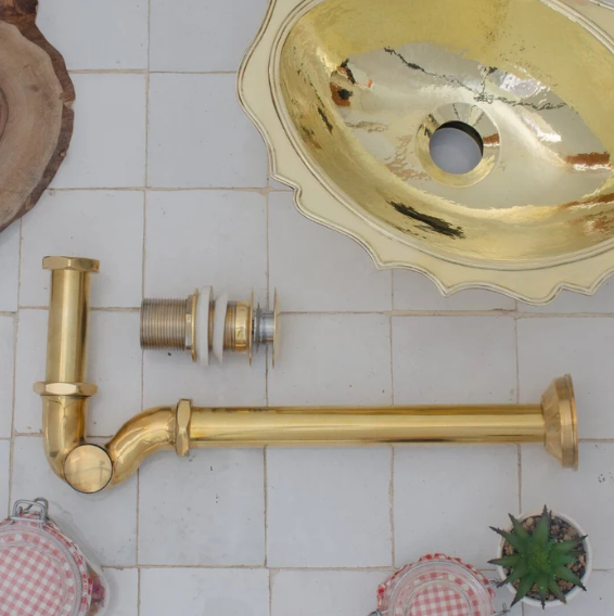 Solid Unlacquered Brass P-trap and Sink Stopper, Push Up Button, Pop Up Drain, Brass Water Trap