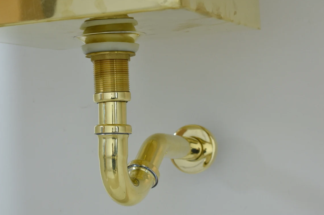 Solid Unlacquered Brass P-trap and Sink Stopper, Push Up Button, Pop Up Drain, Brass Water Trap