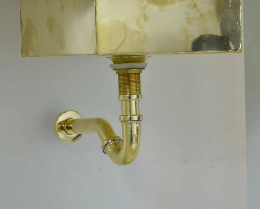 Solid Unlacquered Brass P-trap and Sink Stopper, Push Up Button, Pop Up Drain, Brass Water Trap