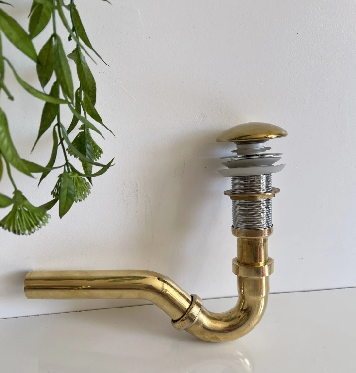 Solid Unlacquered Brass P-trap and Sink Stopper, Push Up Button, Pop Up Drain, Brass Water Trap