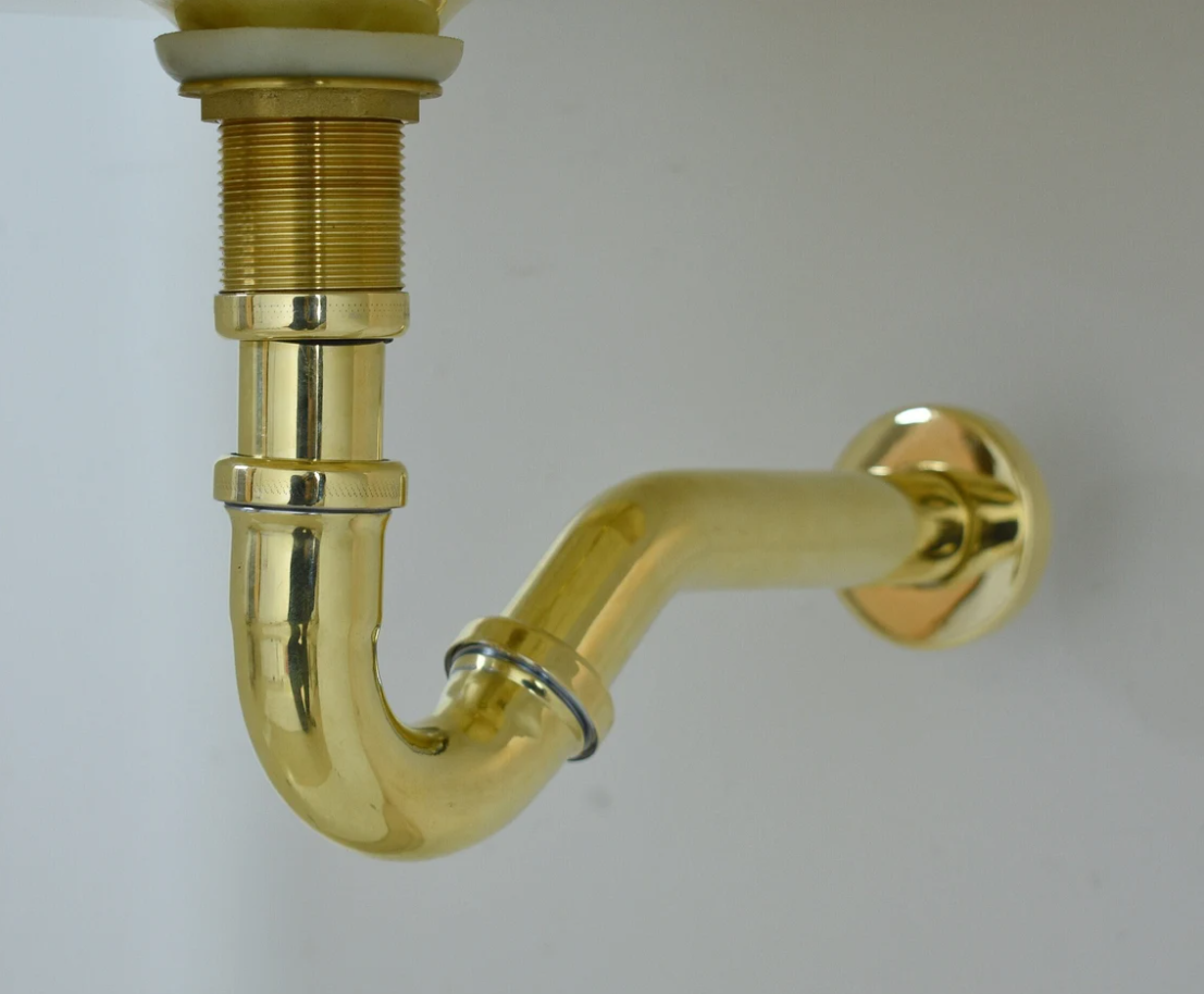 Solid Unlacquered Brass P-trap and Sink Stopper, Push Up Button, Pop Up Drain, Brass Water Trap