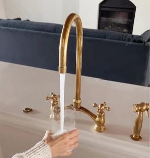 Unlacquered Brass Kitchen Faucet, Arched Bridge Faucet With Sprayer, Antique Brass Gold Faucet