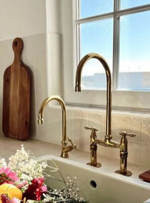 Unlacquered Brass Kitchen Faucet, Bridge Kitchen Faucet With Sprayer, Antique Brass Gold Faucet (6")