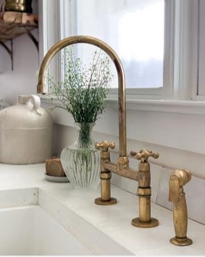 Unlacquered Brass Kitchen Faucet, Bridge Kitchen Faucet With Sprayer, Antique Brass Gold Faucet (8")