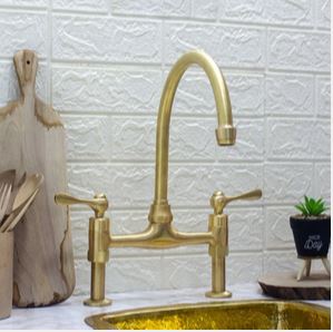 8" Brass Bridge Kitchen Faucet, Unlacquered Brass Straight Legs Faucet with Classic Lever Handles