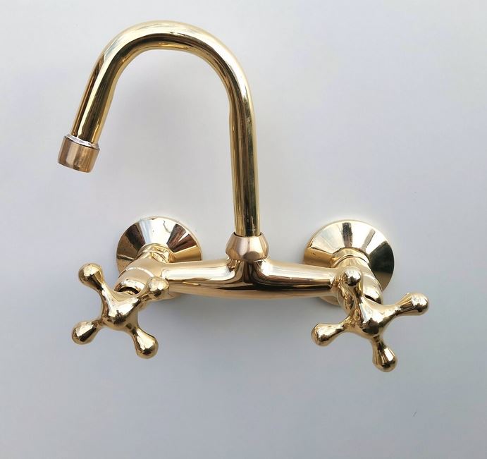 Unlacquered Brass Kitchen Sink Antique Faucet | Antique Vintage Kitchen Brass Faucet Wall Mounted Tap