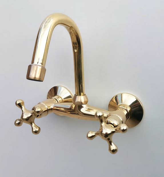 Unlacquered Brass Kitchen Sink Antique Faucet | Antique Vintage Kitchen Brass Faucet Wall Mounted Tap