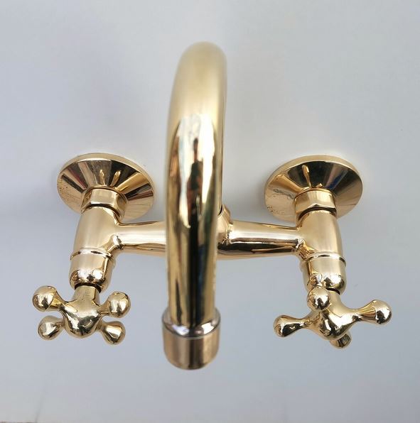 Unlacquered Brass Kitchen Sink Antique Faucet | Antique Vintage Kitchen Brass Faucet Wall Mounted Tap