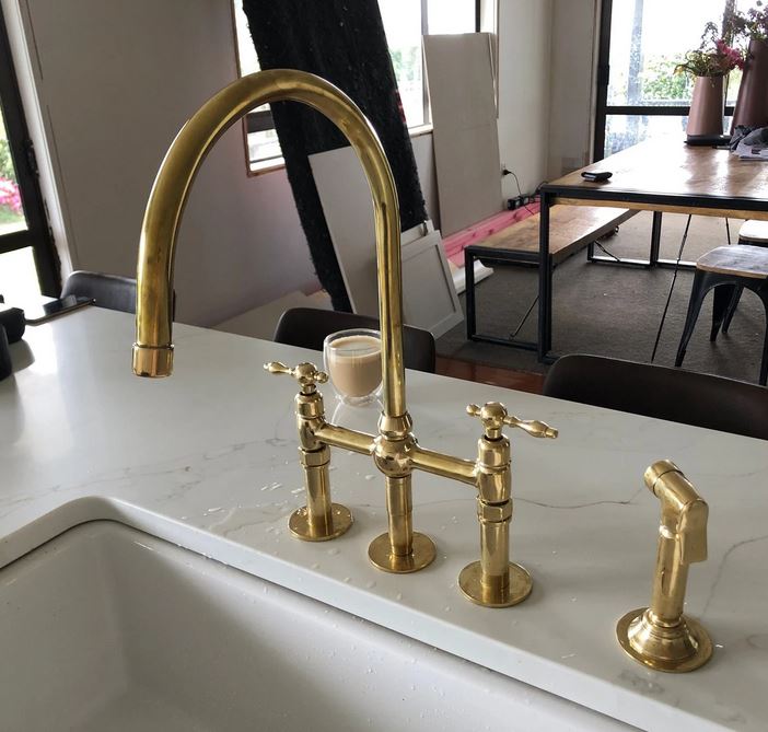 Unlacquered Brass Faucet, Kitchen Victorian Bridge Faucet with Sprayer, 3 Holes Faucet, Lever Handles