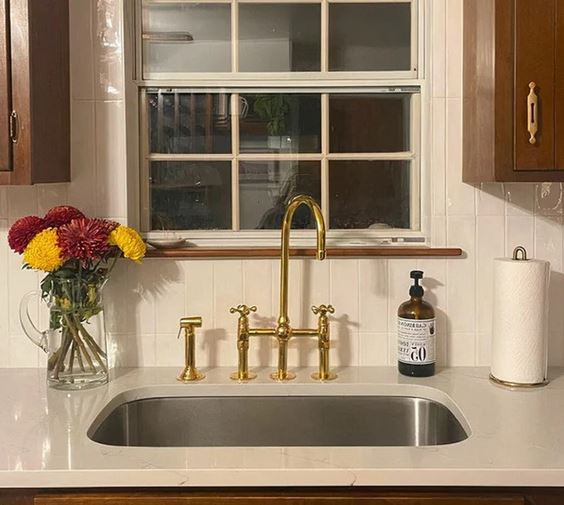 Unlacquered Brass Faucet, Kitchen Victorian Bridge Faucet with Sprayer, 3 Holes Faucet, Lever Handles