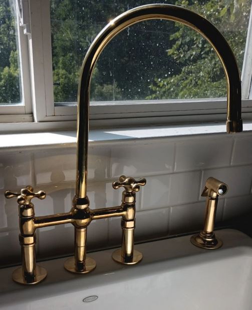 Unlacquered Brass Faucet, Kitchen Victorian Bridge Faucet with Sprayer, 3 Holes Faucet, Lever Handles