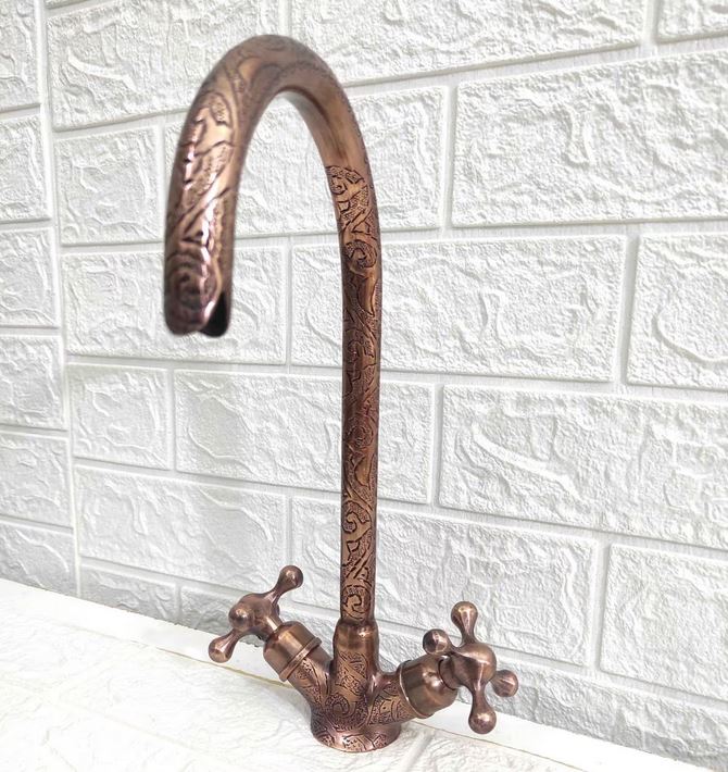 Copper Goosneck Faucet with Engraved Finish , Single hole Faucet , Kitchen Faucet Bathroom