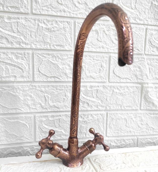 Copper Goosneck Faucet with Engraved Finish , Single hole Faucet , Kitchen Faucet Bathroom