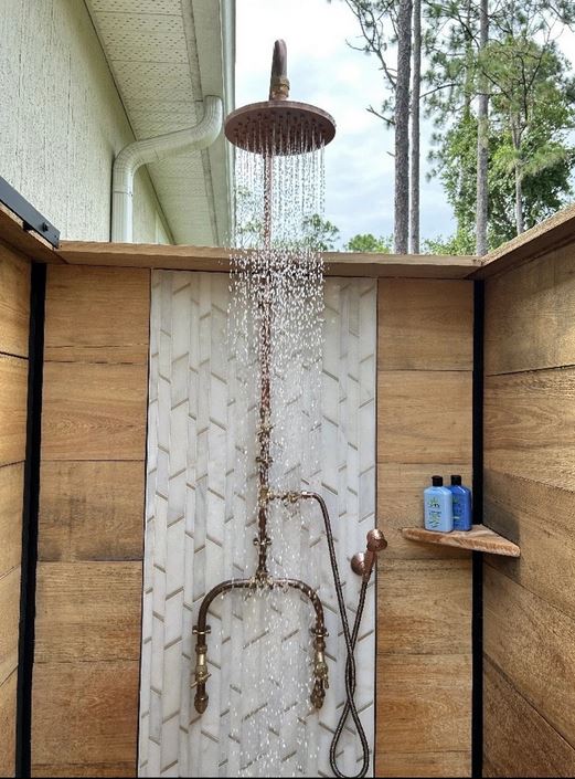 Industrial Exposed Solid Copper  Bespoke Outdoor and Indoor Rainfall Shower with Hand Spray, Dog wash