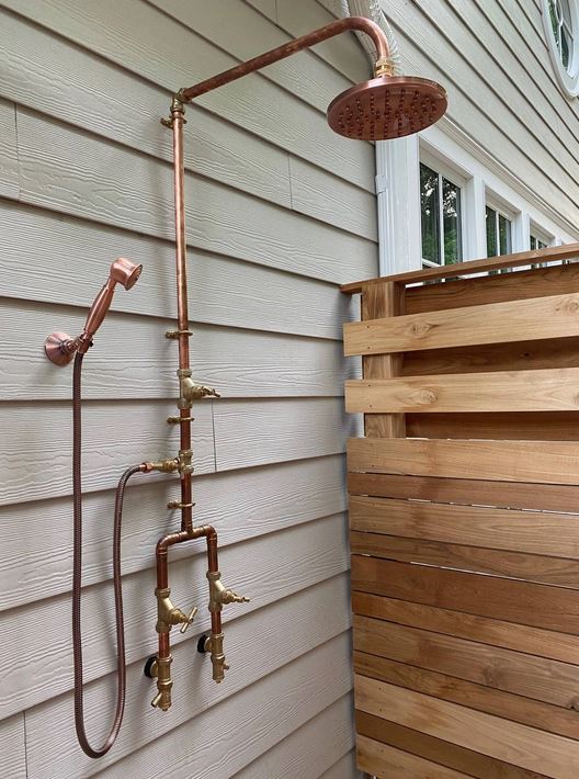 Industrial Exposed Solid Copper  Bespoke Outdoor and Indoor Rainfall Shower with Hand Spray, Dog wash