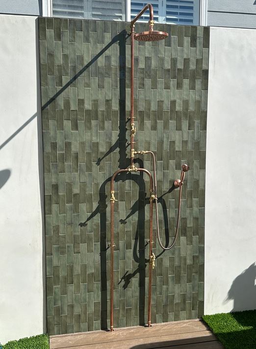 Industrial Exposed Solid Copper  Bespoke Outdoor and Indoor Rainfall Shower with Hand Spray, Dog wash