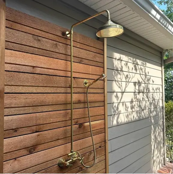 Unlacquered Brass Shower System - Exposed Pipe Rain Shower and Handheld