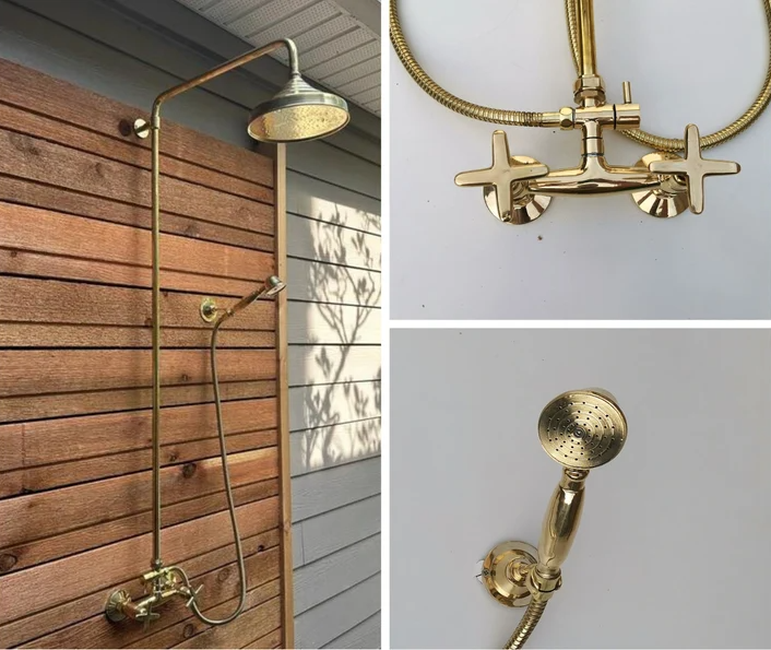 Unlacquered Brass Shower System - Exposed Pipe Rain Shower and Handheld