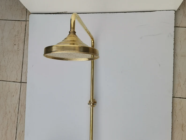 Unlacquered Brass Shower System - Exposed Pipe Rain Shower and Handheld