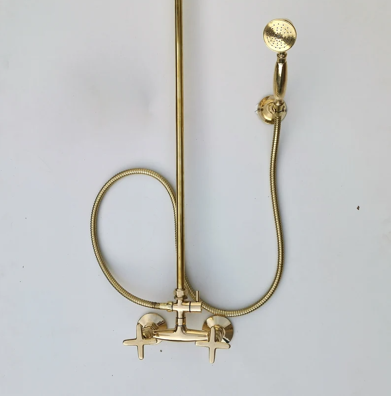 Unlacquered Brass Shower System - Exposed Pipe Rain Shower and Handheld