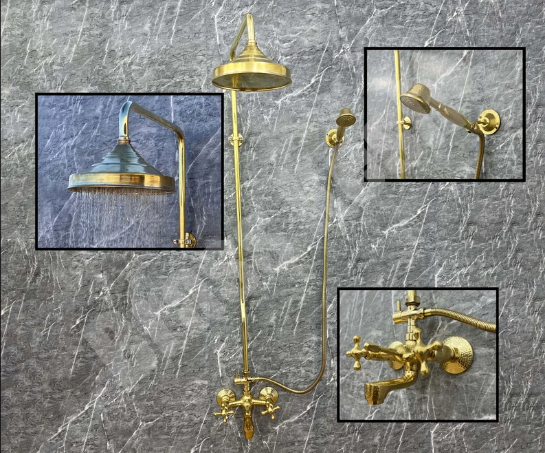 Unlacquered Brass Shower System - Tub Filler Exposed Pipe Rain Shower and Handheld