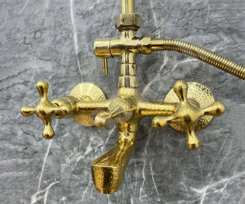 Unlacquered Brass Shower System - Tub Filler Exposed Pipe Rain Shower and Handheld