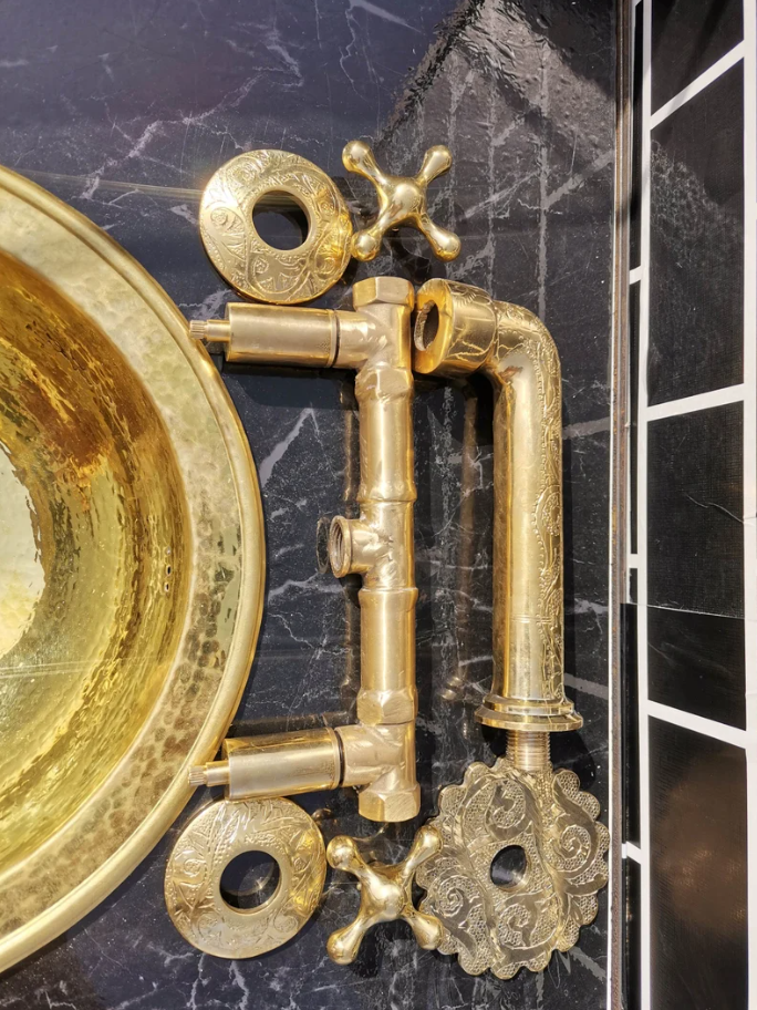 Unlacquered Brass Wall Mounted Faucet , Engraved Antique Brass Sink Faucet with rough in valve