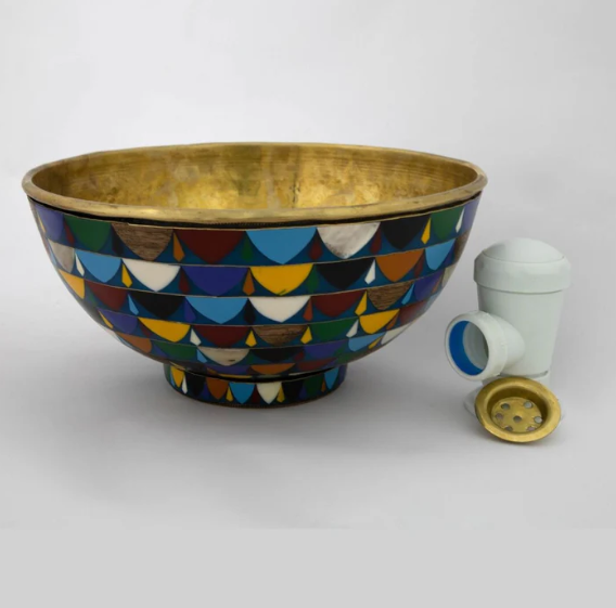 Round Colorful Ceramic Vessel Sink , Diameter 16-1/4", Golden Brass Sink Interior