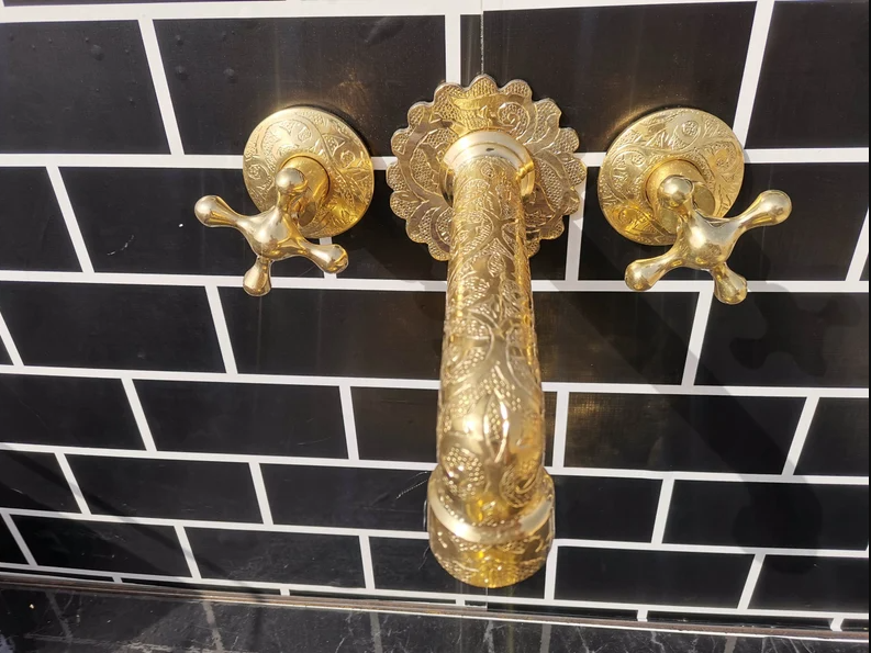 Unlacquered Brass Wall Mounted Faucet , Engraved Antique Brass Sink Faucet with rough in valve