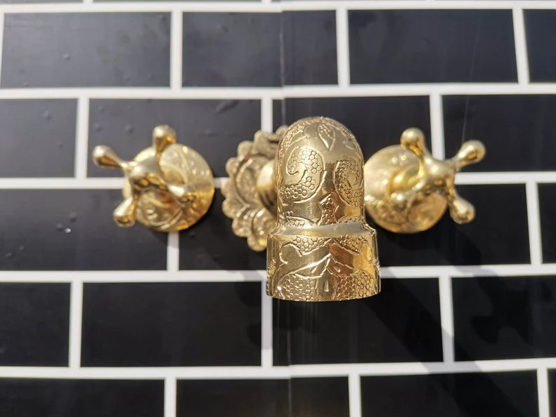 Unlacquered Brass Wall Mounted Faucet , Engraved Antique Brass Sink Faucet with rough in valve