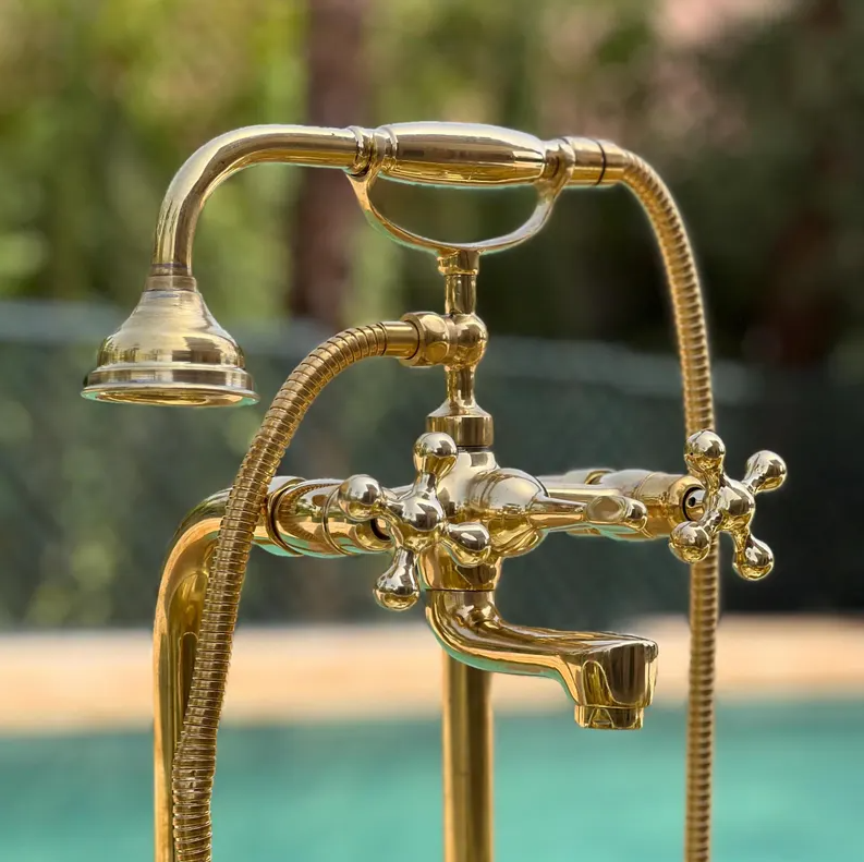 Unlacquered Solid Brass Tub Filler and Handheld Standing Two Outlets Bathtub Faucet