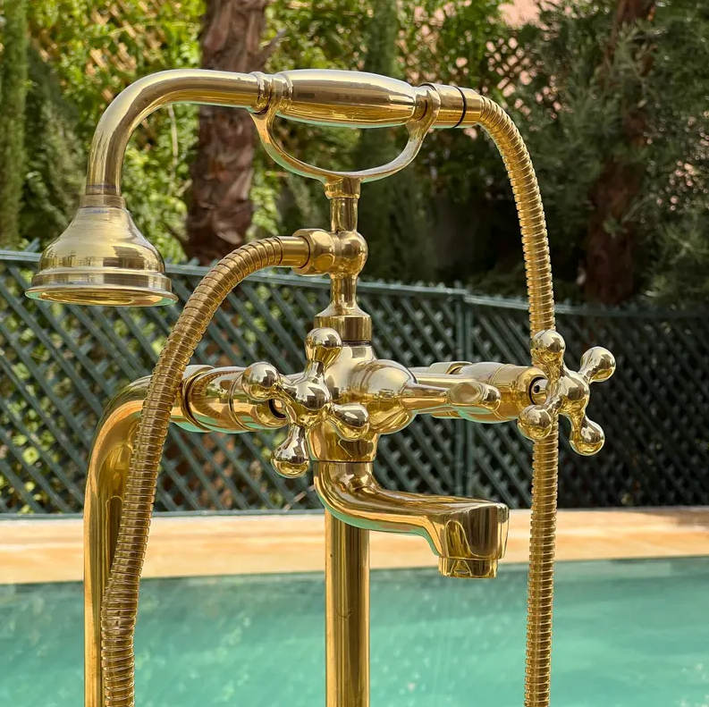 Unlacquered Solid Brass Tub Filler and Handheld Standing Two Outlets Bathtub Faucet